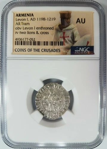 Levon I Armenia NGC AU Silver Tram Medieval Knights Templar Crusader Cross Lion