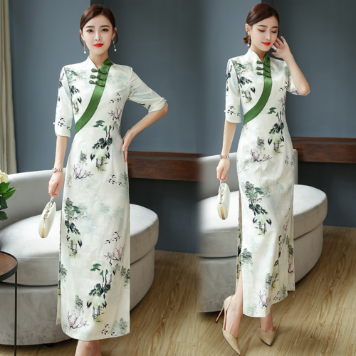 Women Long Cheongsam Dress Bodycon Floral Qipao Side Slit Chinese Traditional - Picture 1 of 10