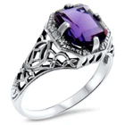 ANTIQUE STYLE 925 STERLING SILVER FILIGREE LAB-CREATED AMETHYST RING        378X