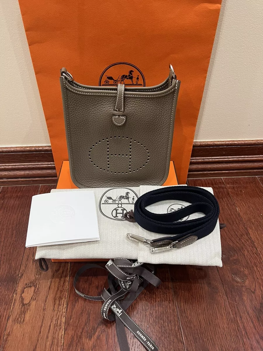 NEW HERMES Mini Evelyne TPM Bag Etoupe w/ Blue Indigo Strap Palladinum  Hardware