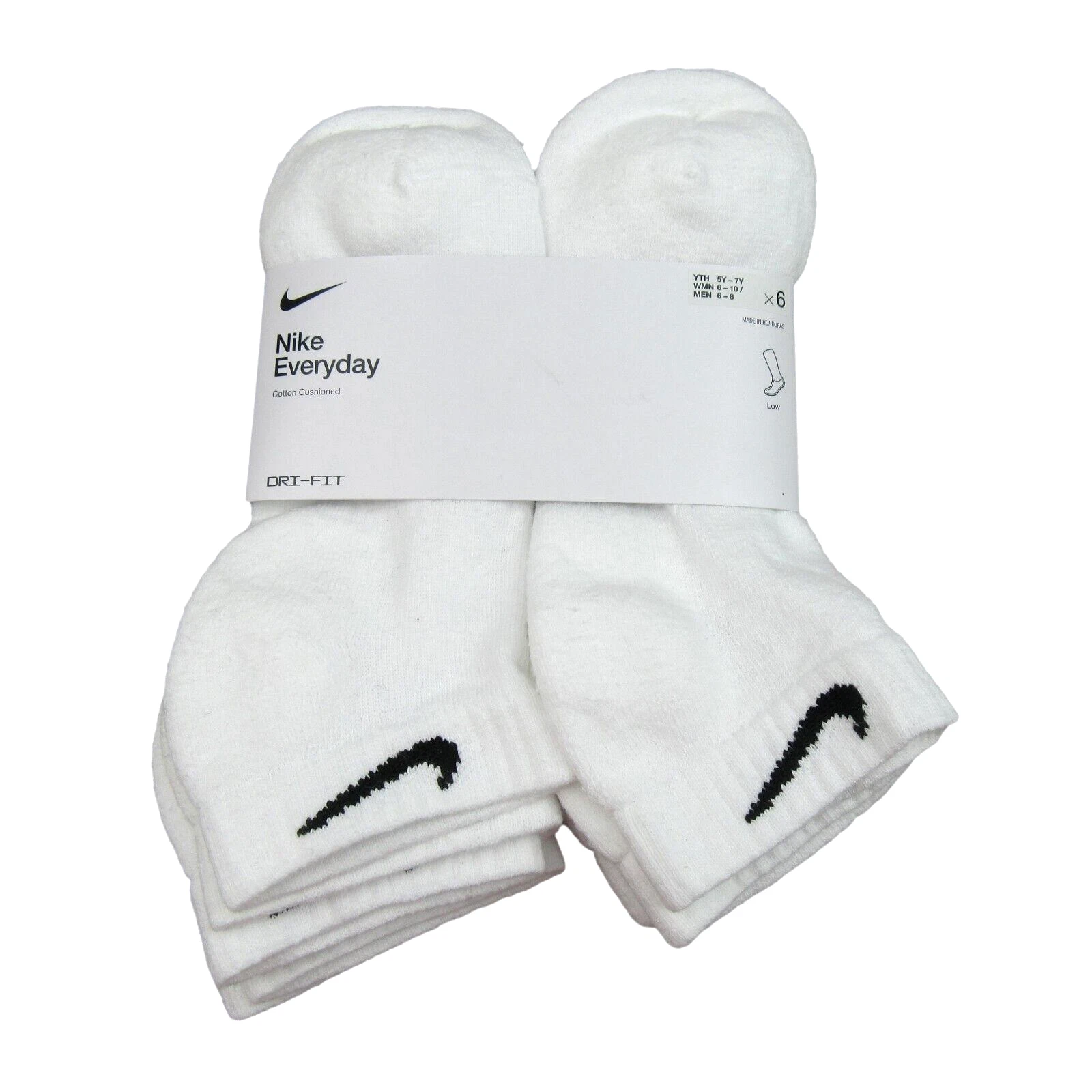 Nike Everyday Cushioned White Low Socks (6 Pack) Women's 6-10 / Youth 5Y-7Y NEW