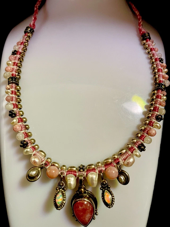 Ожерелье из чистого серебра с кабошоном родохрозитом, лабрадоритом, опалом и жемчугом 31""