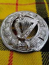 Irish Harp Badge Fly Plaid Kilt Brooch In Chrome Finish Size 3" Inches