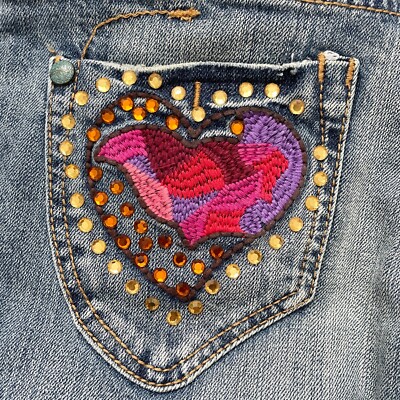 VTG Y2K Seven7 Womens Bootcut Jeans 27 Rhinestone Patchwork Mid