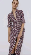 Zara Sussy Shirt Dress Size S Geo Print Maxi Bow at Neck Shift 100% Rayon NWT