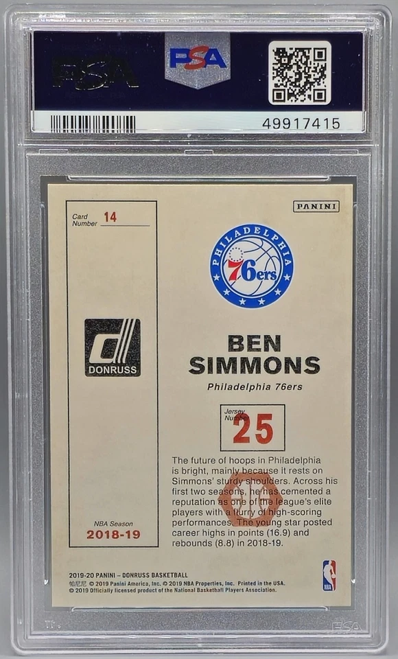 Ben Simmons 2019-20 Panini Donruss  Craftsmen #14 PSA 9 Mint - Image 2 of 2