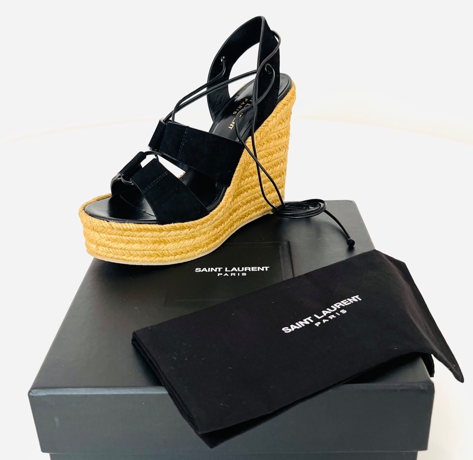 SAINT LAURENT Kid Scamosciato Espadrillas Lace Up Zeppe Tg 39 Black Nuovo