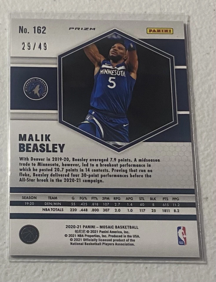 MALIK BEASLEY - 2020-21 Mosaic Basketball- PURPLE PRIZM #162 - #’d 29/49 -Wolves - Image 2 of 3