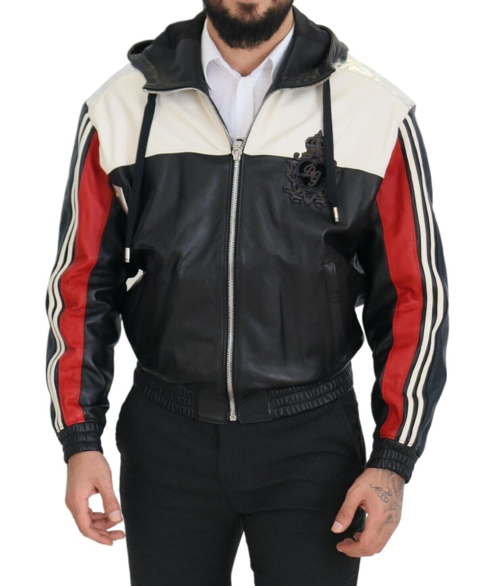 DOLCE & GABBANA Jacket Black Leather Hooded Blouson Coat IT46/US36