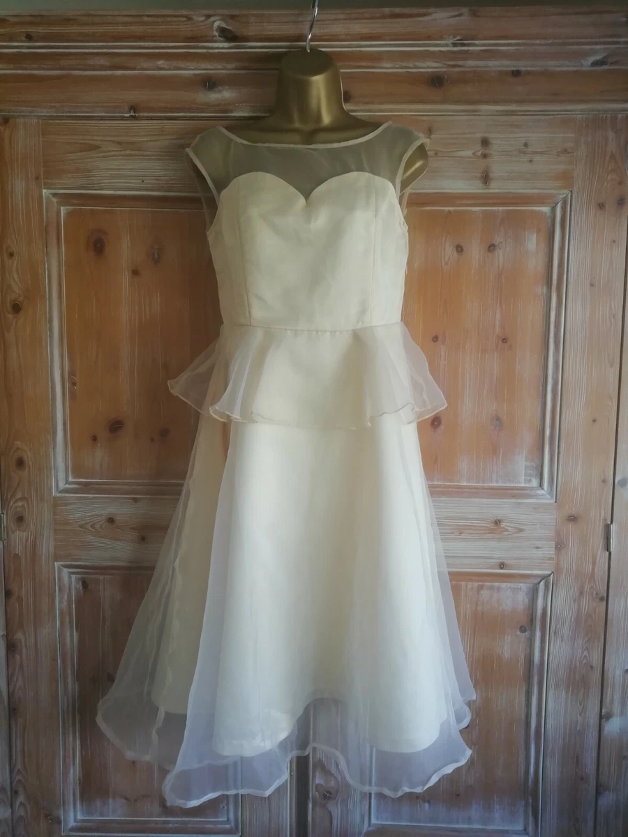 Lindy Bop Size 10 Pale Gold Peplum Dress Glamourous Sheer Overlay Occasion Dress
