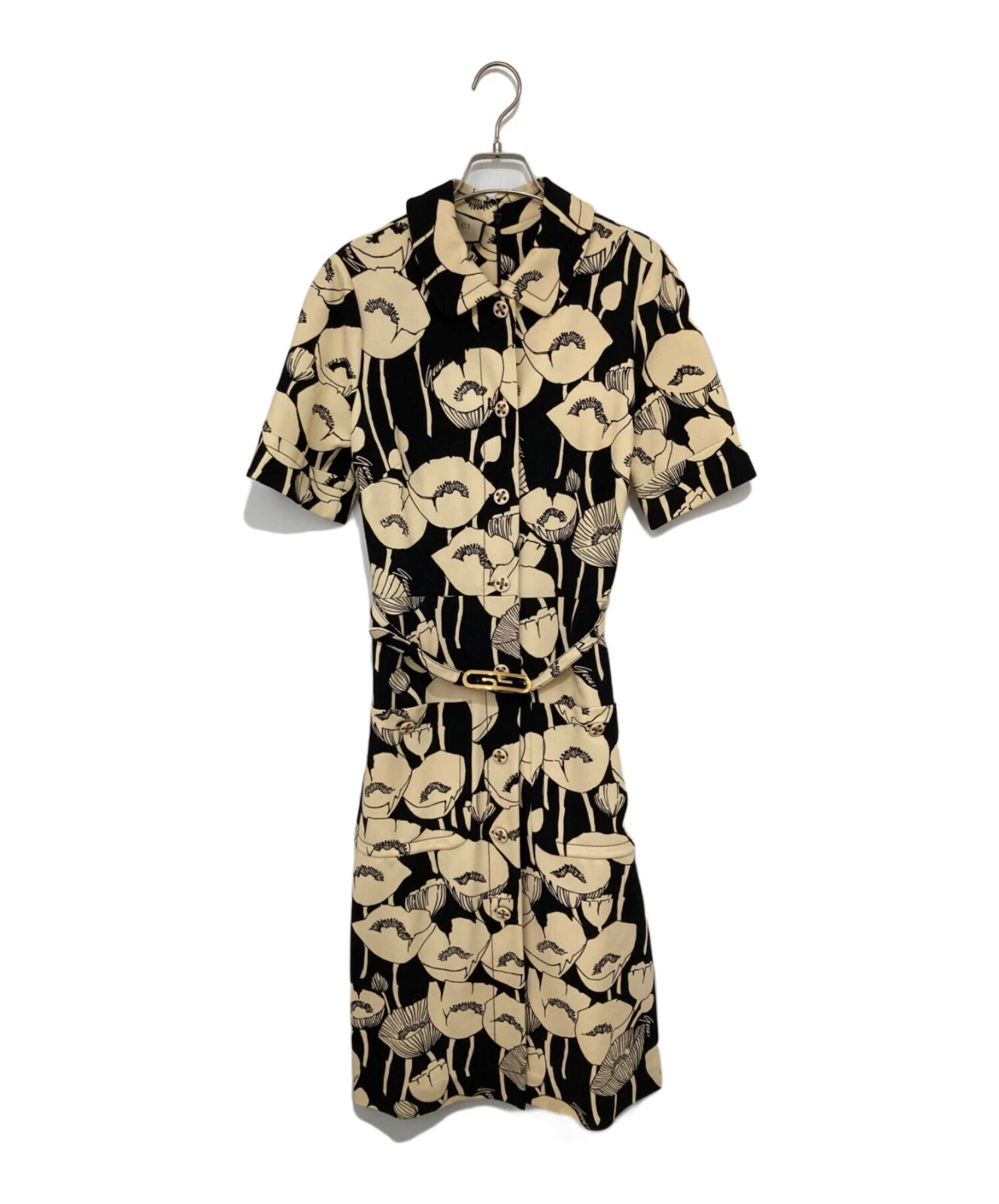Robe longue manches courtes imprimé fleurs coquelicot GUCCI avec ceinture GG