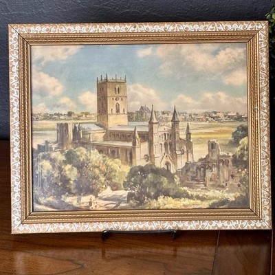 Vintage Medieval European Cathedral Landscape Wall Art Print Ornate Gold Frame