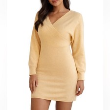 New Butter Yellow Knit V-Neck Wrap Style Batwing Sleeves Sweater Mini Dress S