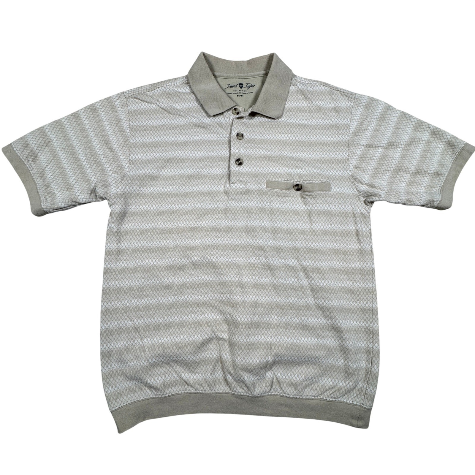 Vintage David Taylor Mens Polo Shirt Medium Beige Striped Knit Banded Bottom