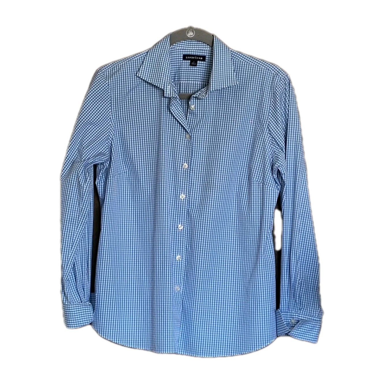 Lands End Woman's 12 Button Up Shirt Blue White Gingham Cotton Long Sleeve