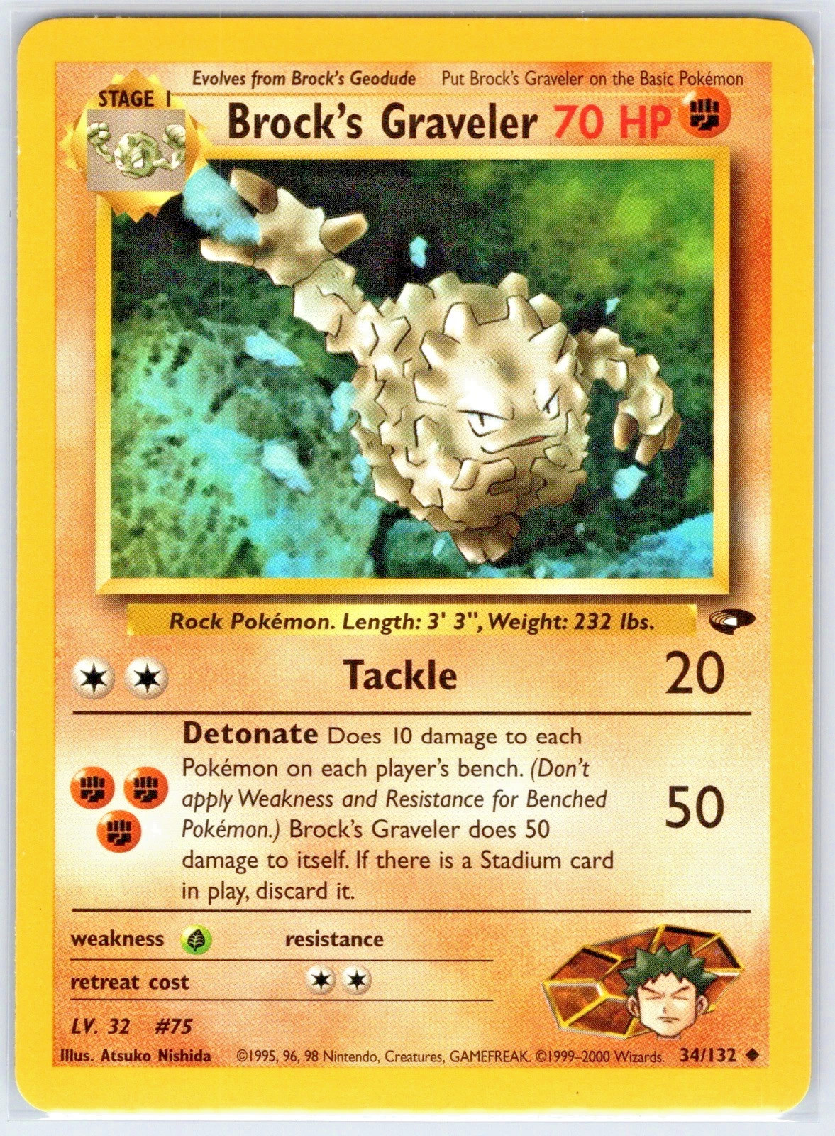 Gym Challenge  34/132 Brock's Graveler Pokemon Card LIGHT PLAY