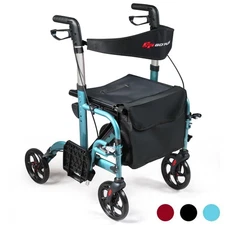 Folding Medical Rollator Walker Aluminum Transport Chair Adjustable Handle Blue
