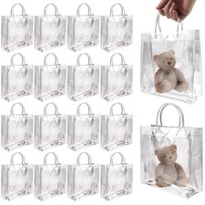 16 Pack Clear Gift Bags with Handles, 7.9" x 7.9" x 3.2" Small Reusable Plast...