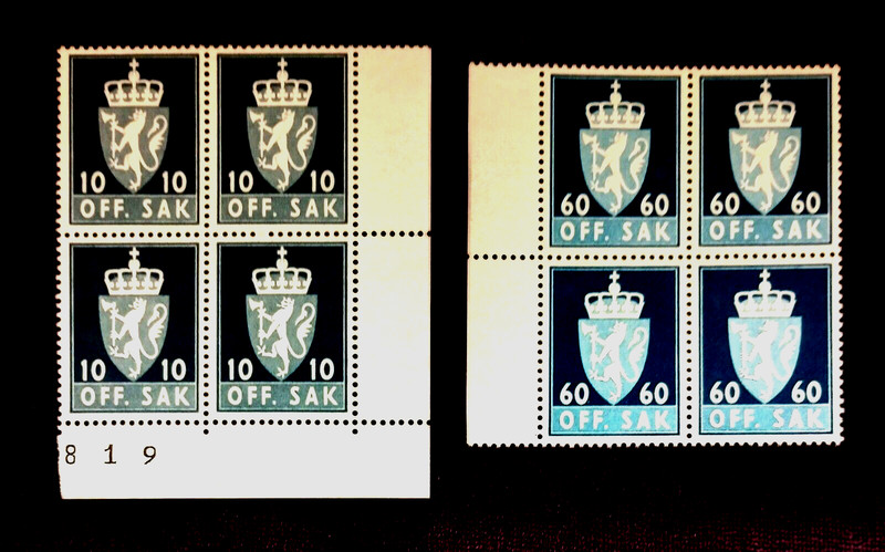 Norway Scott #O66 & O75, Blocks of 4 - Norway Coat of Arms - Mint, NH,  #N378