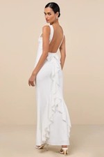 Lulus Exquisite Refinement Backless Bow Ruffled Maxi Dress Ivory M