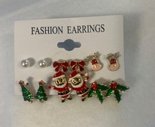 Christmas Earrings Set of 6 Pair Santa, Tree, Holly, Bows, Reindeer, Pearls