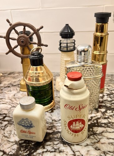 Lot of 7 VTG Old Spice Decanters Lighthouse,Wheel,Spyglass,Lantern,Flask,Talc
