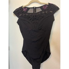 Mirella Black Laser Cut Lattice Cap Sleeve Mesh Back Zip Leotard Womens Medium