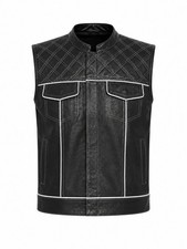 Men's Black Leather Biker Vest Motorcycle Waistcoat Multi Pocket