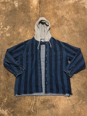 Urban Outfitters Denim Stripe Shirt Mens Large Built In Hood Button Up Workwear