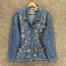 Bobbie Brooks Shirt Women XL Blue Denim Floral Embroidered Button Up Collared
