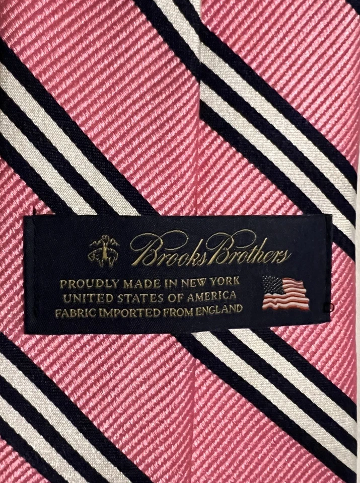Corbata BROOKS BROTHERS Hecha a Mano en EE. UU. 100% Seda Rosa Azul Rayas Foto 3 de 4
