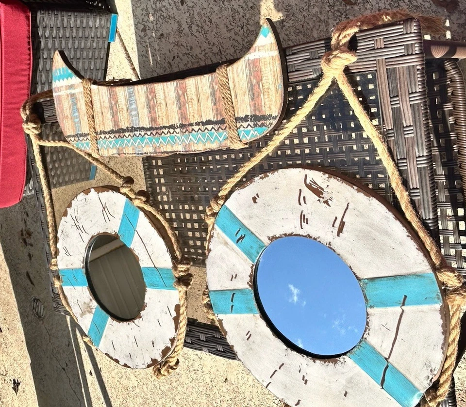Lot 3 Nautical Wall Hangings Life Preserver Mirror Canoe Rustic Shabby Beach - Image 4 of 4