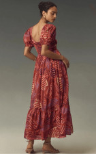 Farm Rio Anthropologie Puff-Sleeve Smocked Maxi Dress Red Multi Small