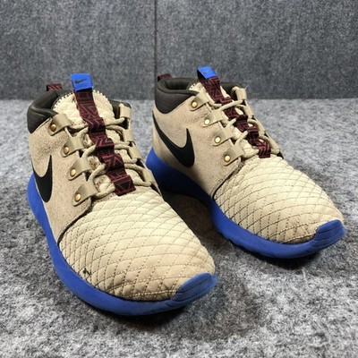 Nike Roshe Run Mid SneakerBoot Shoes Mens Size 9.5 Beige Blue Suede 615601-200
