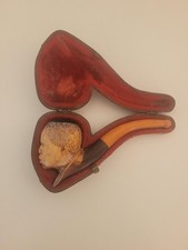 Vintage 19thC Carved Figural Meerschaum Pipe, Horn Shank/Amber Stem & Case