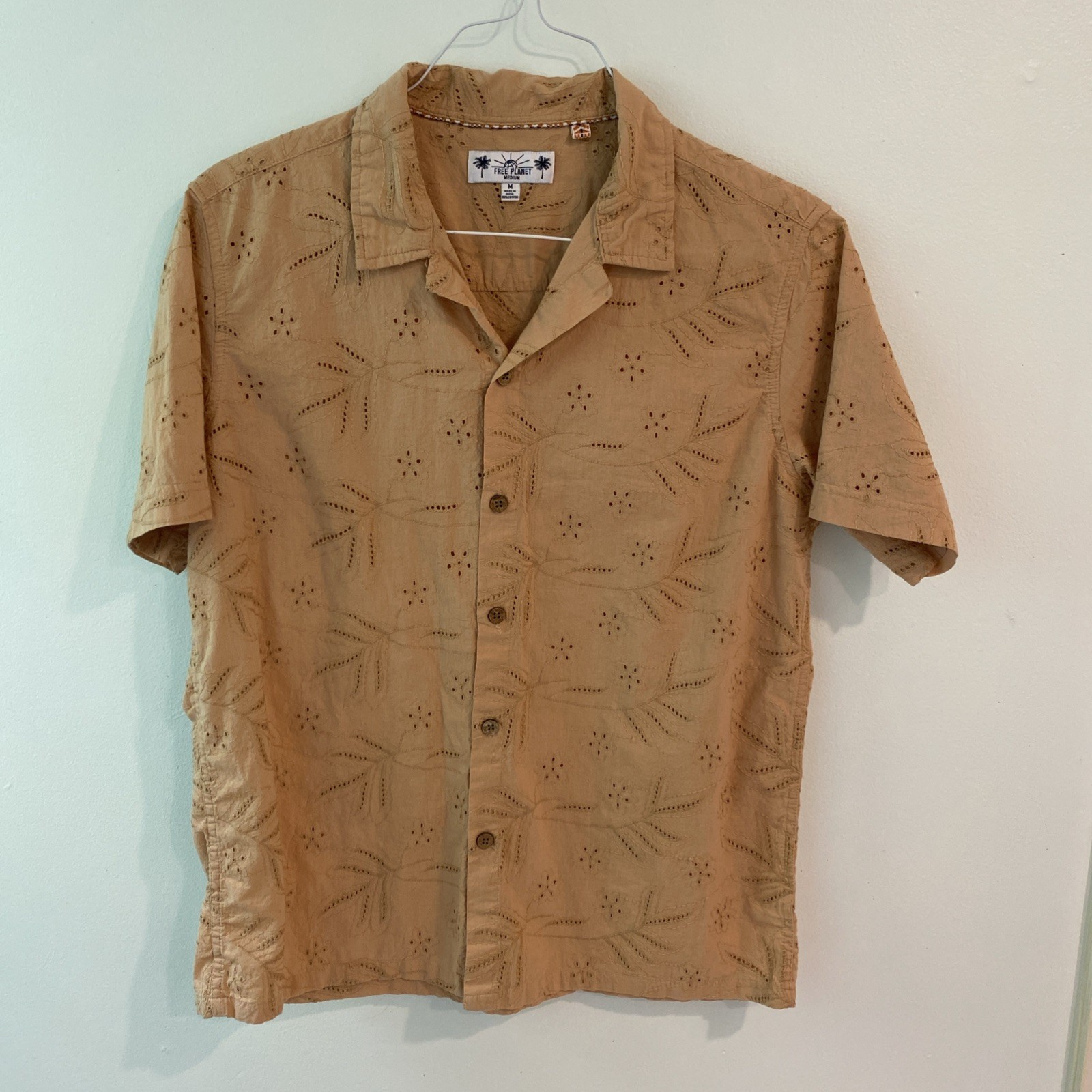 Free Planet Brown Tan Embroidered Floral Textured Cotton Camp Button Shirt  M