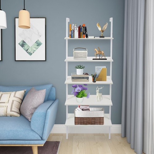 5-Shelf Wood Ladder Bookcase with Metal Frame Industrial 5-Tier Modern Ladder US