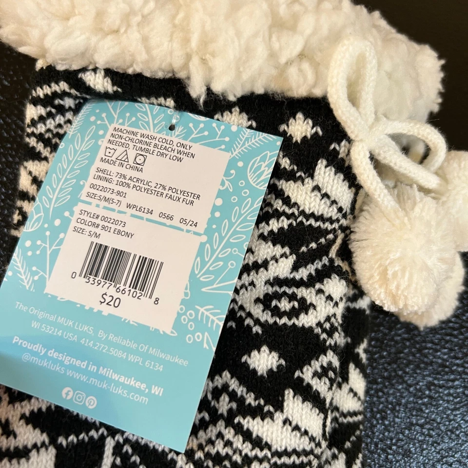 Calcetines de cabina MUK LUKS cálidos acogedores forrados difusos pompón negros para mujer S/M (5-7) nuevos con etiquetas Foto 3 de 4