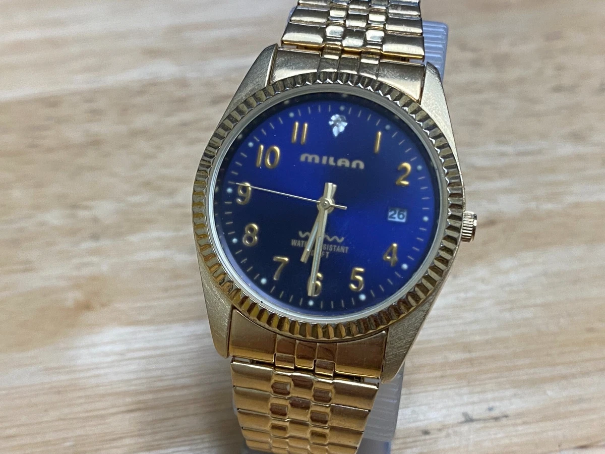 Milan Mens Gold Tone Fluted Bezel Blue Dial Analog Quartz Watch Date New Battery