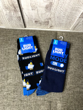 Bud Light Beer Crew Socks Size 10-13 Navy Blue Black Fun Party Mode 2 Pairs