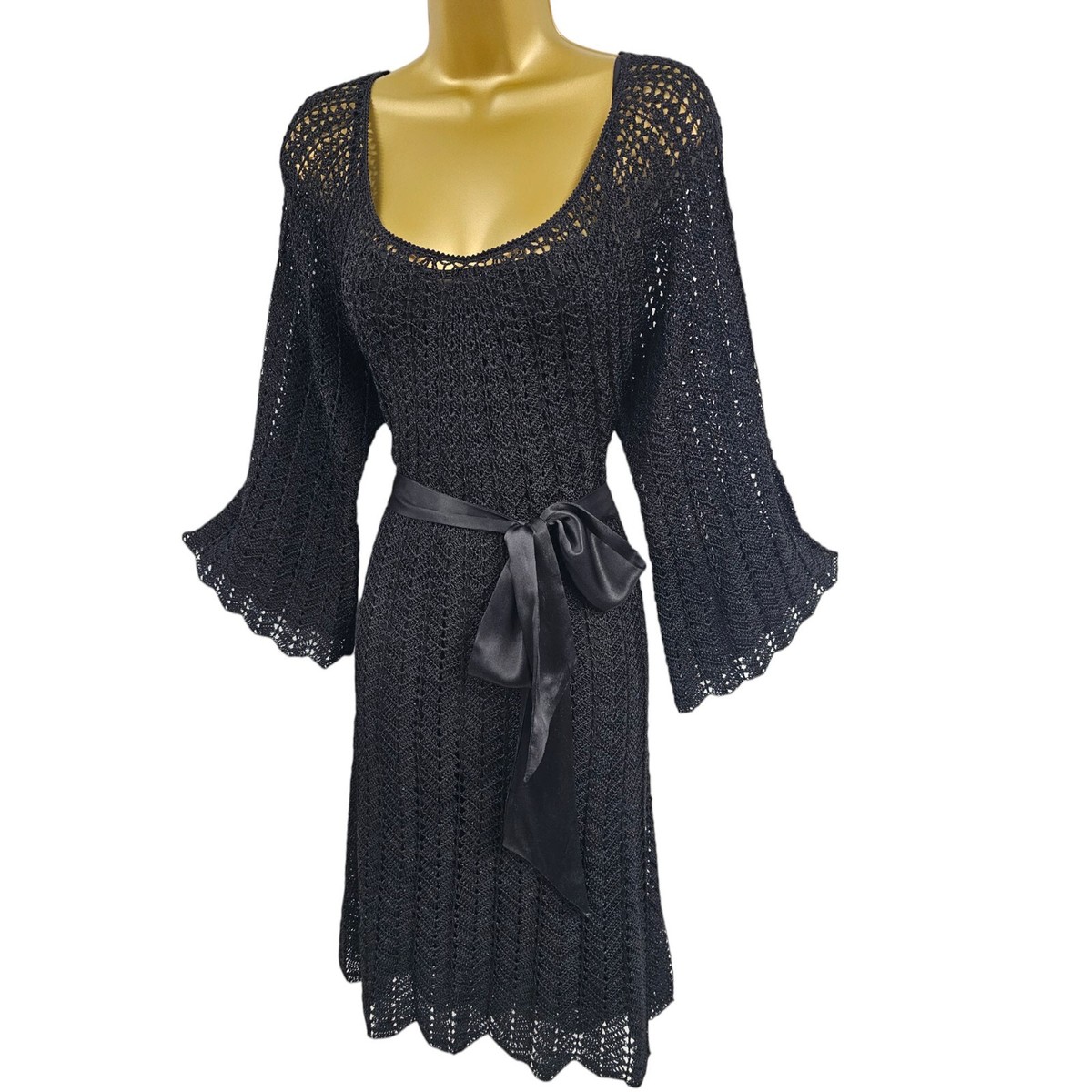 Vintage Karen Millen 3 UK 14-16 Black Shimmer Crochet Knit Belted Flare  Dress | eBay