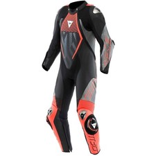 TUTA PELLE LEATHER SUIT MOTO DAINESE AUDAX D-ZIP 1PC PERF. BLACK FLUO RED TG 50