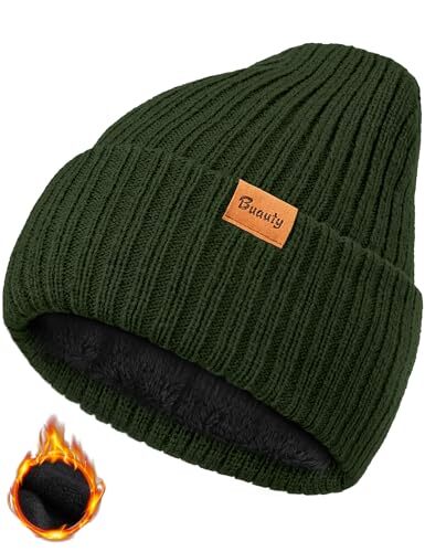 Chunky Knit Fleece Winter Beanie Hat for Men Women One Size Green-image
