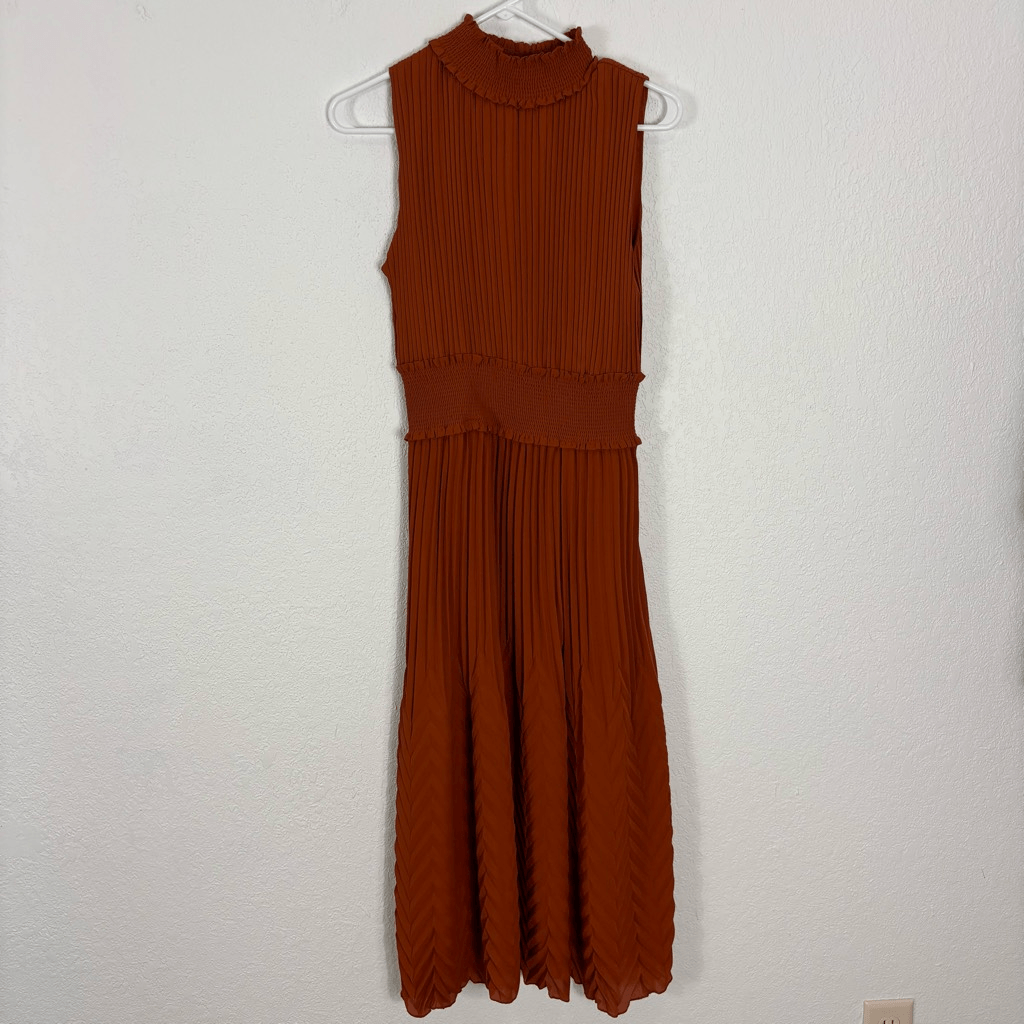 NWT Nanette Lepore Picante Dark Orange Pleated Mock Neck Sleeveless Midi  Dress | eBay
