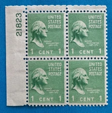 US Stamps Scott 804 1c plt block of the 1938 Presidential Series M/NH Very fresh