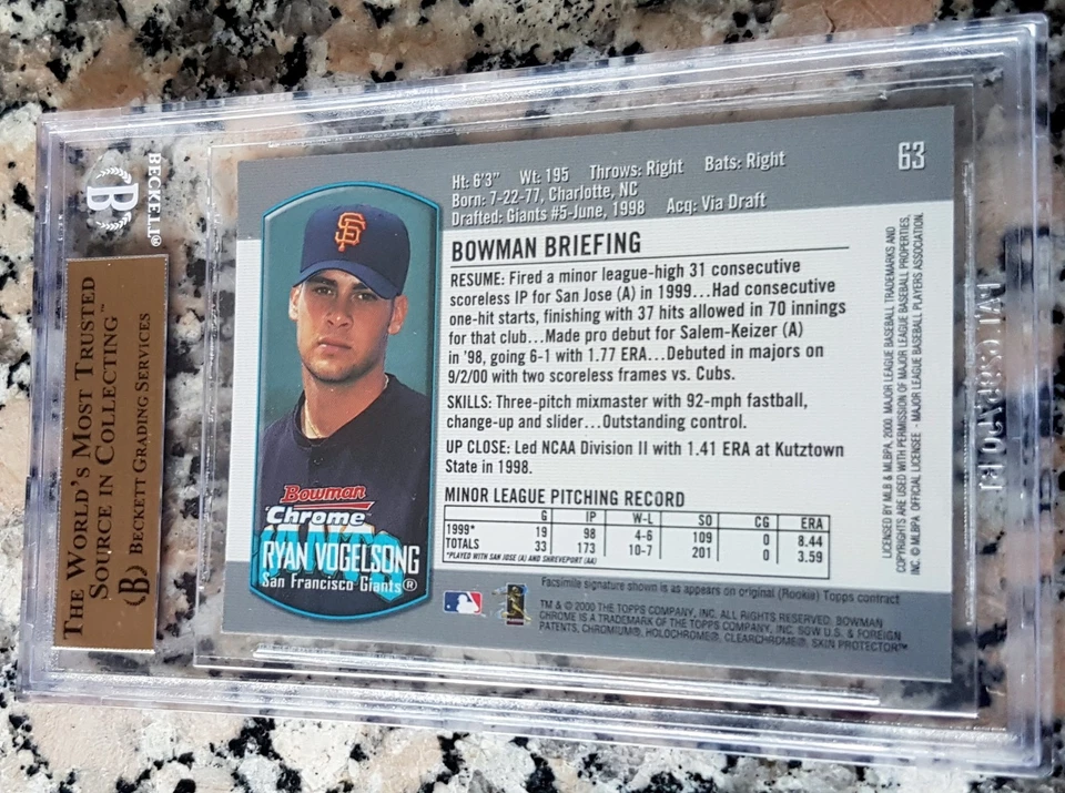 RYAN VOGELSONG 2000 Bowman Chrome Rookie Card RC BGS 10 Pristine POP 2 Champs $$ - Image 2 of 2