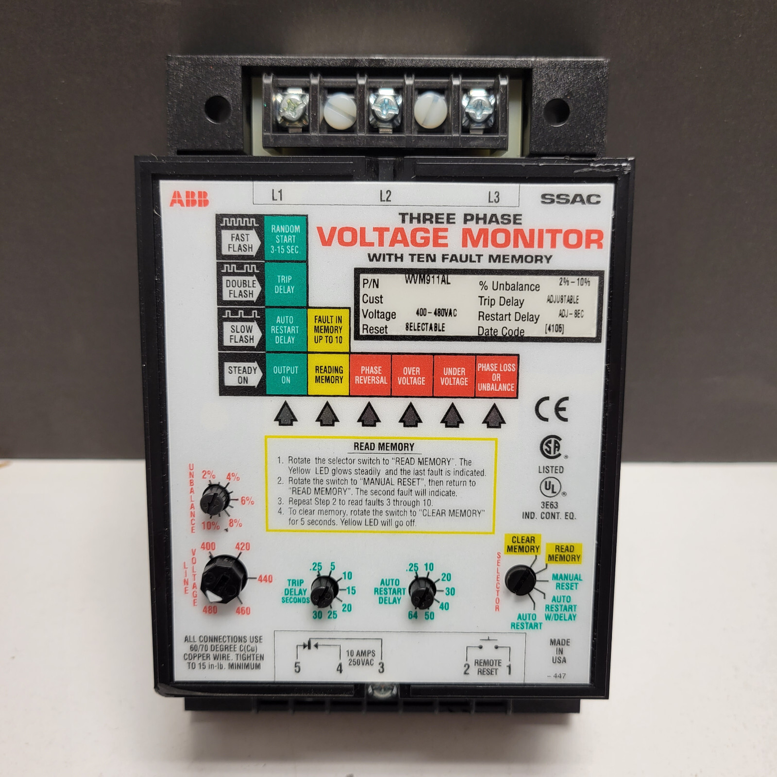 ABB WVM911AL Three Phase Voltage Monitor