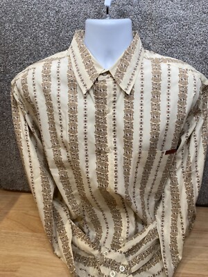 Vintage Y2K Get Lucky Men s Button Up Shirt XL Beige Retro Floral 70's Pocket
