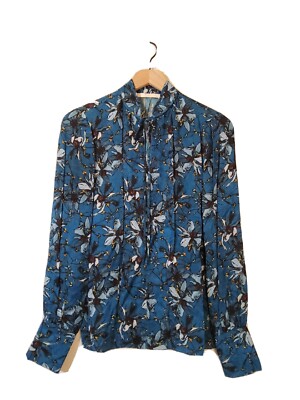 Jason Wu Blouse Womens 6 Teal Blue Floral Jacquard Pleated Tie NeckBarrel Cuff