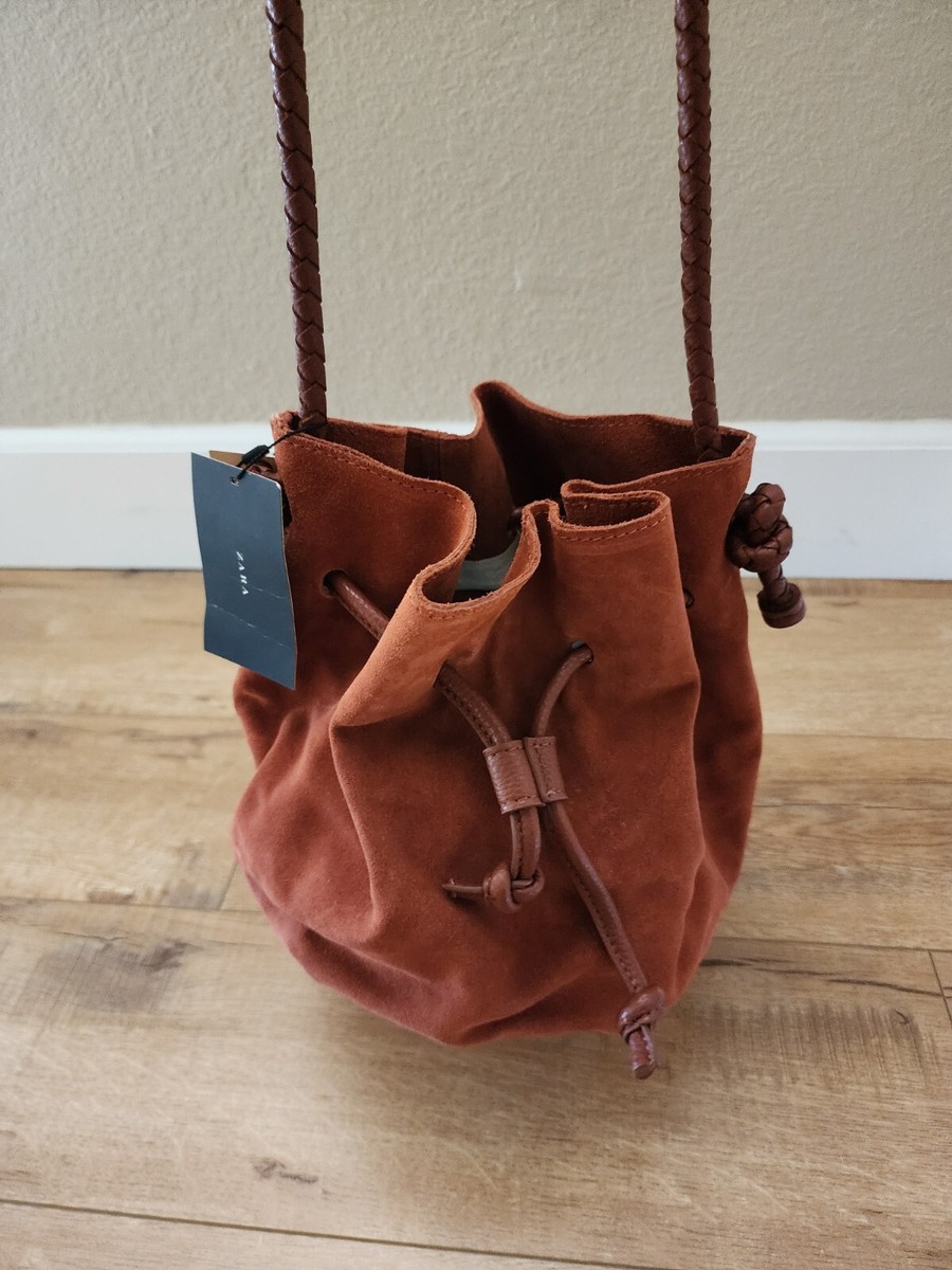 ZARA BNWT Rust BROWN Leather Suede SHOULDER BUCKET Bag M Braided